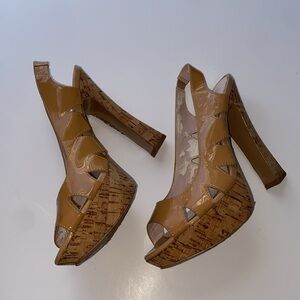 Audrey Brooks cork heels, peep toe sling back size 7.5,beige patent leather look